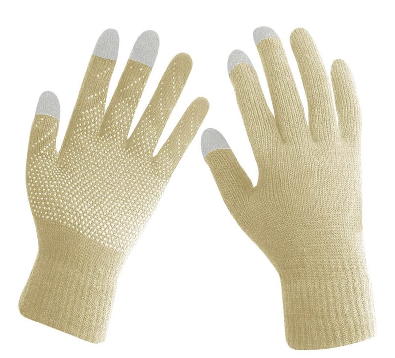 HINDAWI Slouchy Beanie Gloves for Women Winter Hat Knit Warm Skull Cap Touch Screen Mittens Beige - Image 4